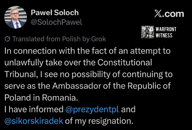 ️🇵🇱🇷🇴שגריר פולין ברומניה סולוך התפטר בשל ניסיונותיו של מינהלת ראש הממשלה טוסק להשתלט על בית הדין החוקתי…