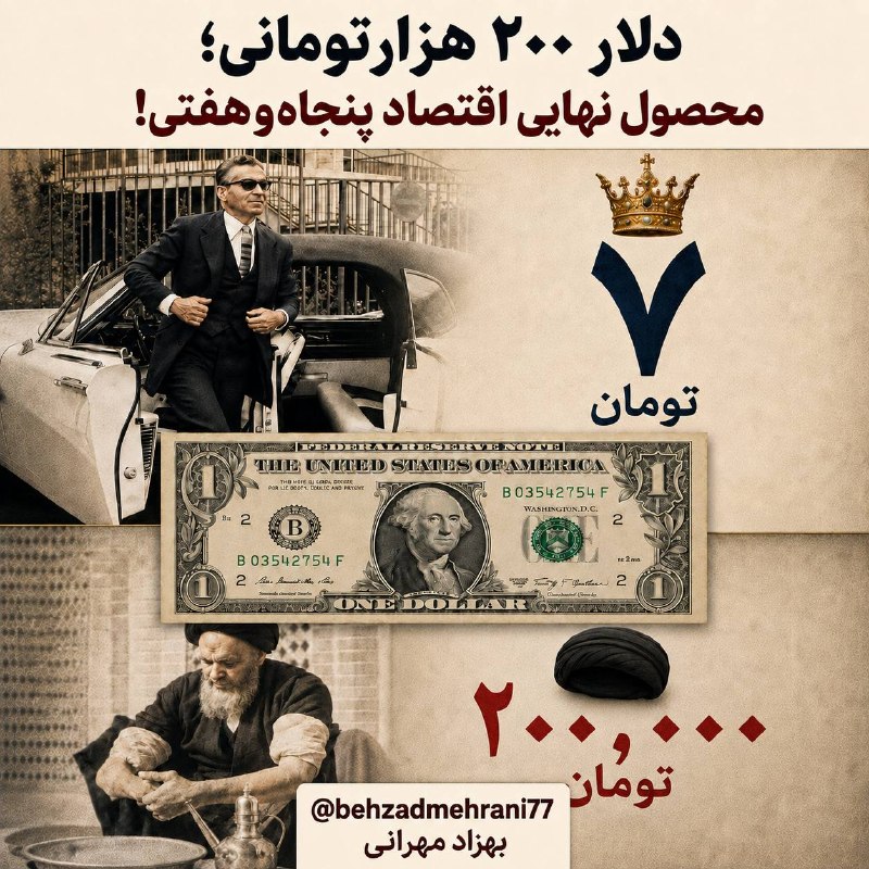 Behzad Mehrani- بهزاد مهرانی ✌️: دلار ۲۰۰ هزارتومانی؛ محصول نهایی اقتصاد پنجاه‌وهفتی!نه دلار دویست‌هزارتومانی و نه دلار هفت‌تومانی، هیچ‌کدام بی‌دلیل از آ