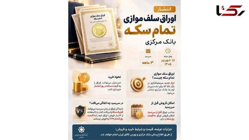 آژانس خبری رکنا | Rokna NEWS Agency: 🔶 عرضه ۱۰۰ هزار سکه با سود ۷ درصد؛ جزئیات ابزار جدید بانک مرکزی برای سرمایه‌گذاری در طلا بانک مرکزی برای نخستین‌بار از ۱