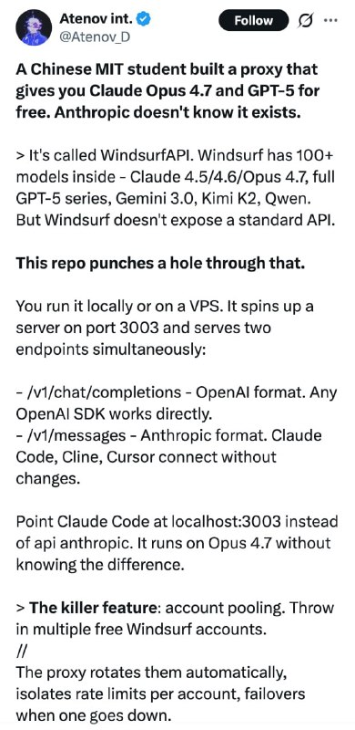 🍭 #API代理 #开发工具🏵 WindsurfAPI - Windsurf/OpenAI API代理🍥 简介