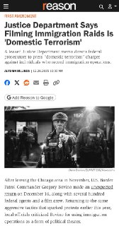 美国司法部内部备忘录被泄漏，对那些敢于拍摄移民执法行动的，将以“国内恐怖主义”论处。这个比中国厉害，中国最多说你是寻衅滋事。