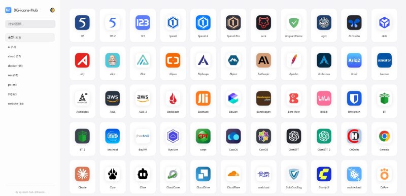 #图标 #LOGO XG-icons-Hub 互联网品牌图标资源库，收录 AI、Docker、NAS、云服务器、网站和 PT 等多个分类的图标资源，目前提供 300+ 图标，可按分类浏览或关键词搜索，支持直接下载 PNG 格式，包含 ChatGPT、Claude、Docker、GitHub、Telegram、Cloudflare 等常用服务图标，界面简洁，完全免费，无需注册