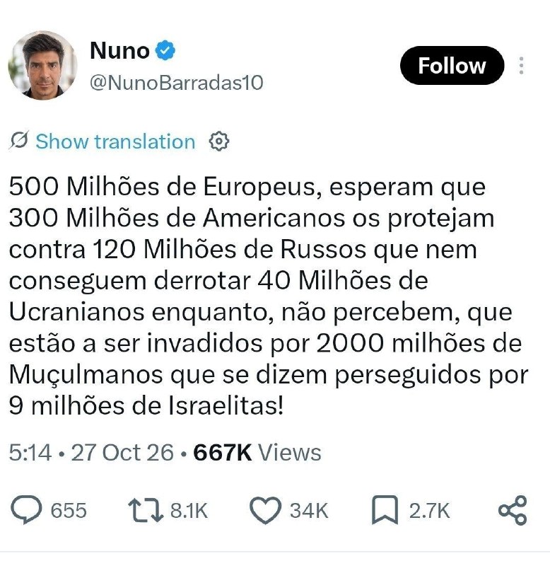 ציוץ ויראלי בטוויטר: 500 מיליון אירופאים מצפים ש-300 מיליון אמריקאים יגנו עליהם מפני 120 מיליון רוסים; רוסי…