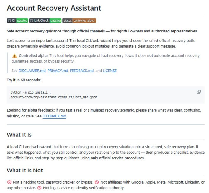 🍭 #账户恢复 #安全工具 #隐私保护🏵 Account-recovery-assistant - 辅助官方账户恢复🍥 简介