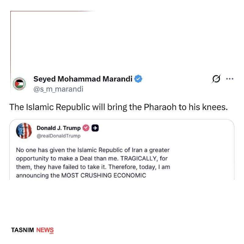 اخبار خاص: ▪️ محمد مرندی در واکنش به پست ترامپ: جمهوری اسلامی فرعون را به زانو در خواهد آورد انتخاب خاص @entekhabe_khas