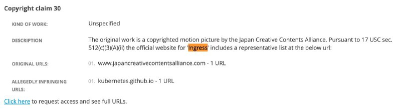 Google 把 Kubernetes 文档里面的 Nginx Ingress 的其中一篇文档的搜索结果给 DMCA take down 了Kubernetes 工作区里有人说可能是因为和 Ingress（对，就是群友喜欢玩的 Ingress）衍生剧集撞车了关联 GitHub Issue: 