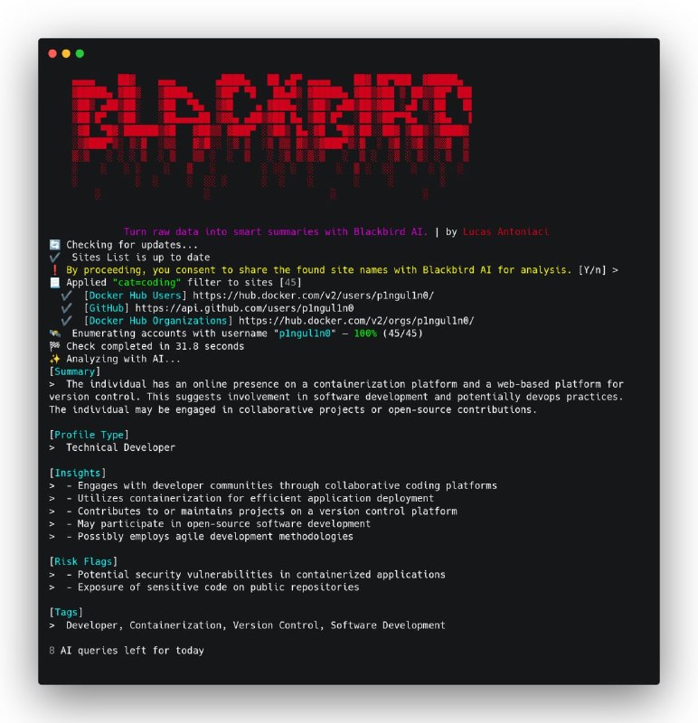 🍭 #OSINT #信息搜集 #自动化工具🏵 Blackbird - 多平台账号信息溯源🍥 简介