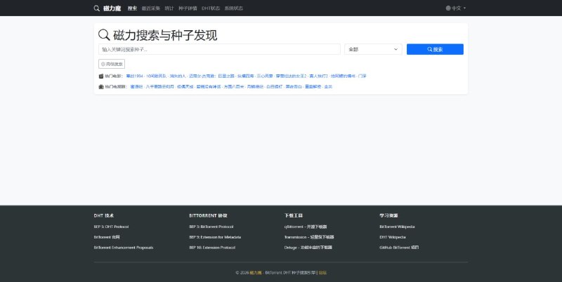 #BT #磁力 #搜索 磁力魔 基于 BitTorrent DHT 网络的磁力搜索引擎，可搜索和发现 Torrent 资源与 Magnet 磁力链接，支持热门、最新和长尾关键词检索，并提供分类筛选、高级搜索、按热度/大小/时间排序、种子详情、DHT 状态和系统状态等功能，免费无广告