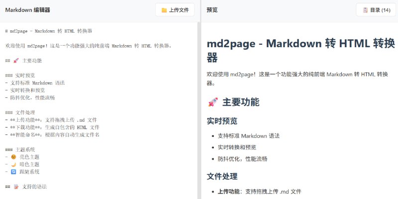 🆔  网站名称：md2page⭐  网站功能：Markdown转HTML📁  网站简介：一个功能强大的用于将Markdown格式的文本转换为HTML格式的工具