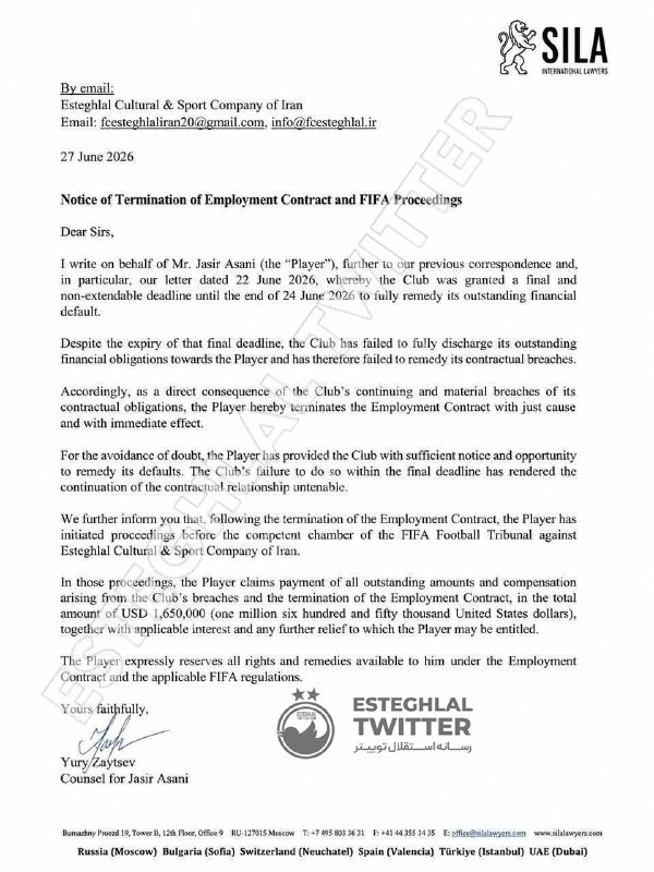 Esteghlal Twitter: ⭕️🚨 بعد از شکایت مس شهر بابک بابت حضور یاسر آسانی در بازی اول استقلال پیگیری مستمری بابت این شکایت انجام دادیم یکی از مس