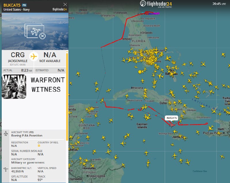 ️🇺🇸🇨🇺 A US Navy Boeing P-8A Poseidon, call sign BLKCAT5, departed Jacksonville and was being monitored off the coast of Cuba at 49,950 feet.