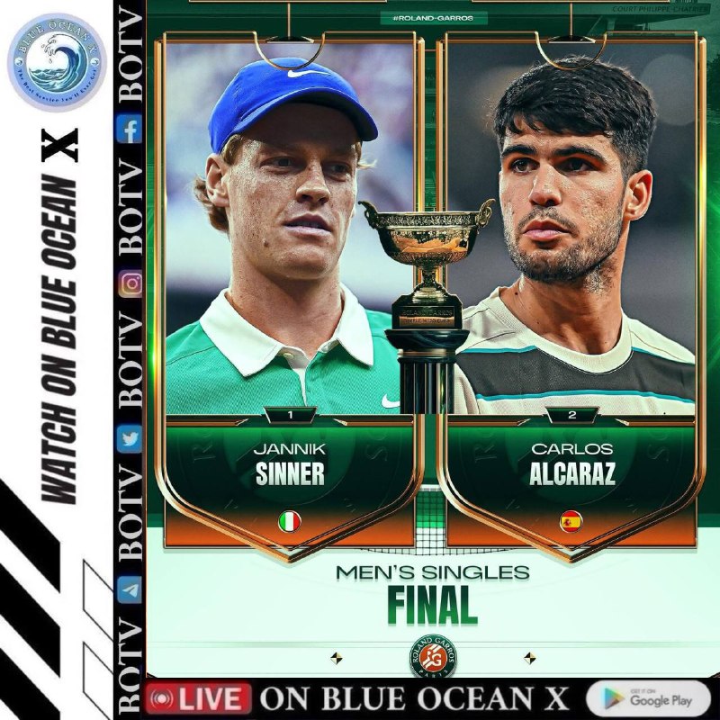 Jannik Sinner နှင့် Carlos Alcaraz တို့၏ Roland Garros အမျိုးသားတစ်ဦးချင်းဗိုလ်လုပွဲကို ဇွန်လ ၈ ရက်၊ တနင်္ဂနွေနေ့  နံနက် ၉ နာရီ မြန်မာ စံတော်ချိန် တနင်္ဂနွေနေ့ ည ၇:၃၀ တွင် ကျင်းပမည်ဖြစ်သည်။ ပဲရစ်မှာ ညနေ ၃ နာရီမှာ ယှဉ်ပြိုင်ကစားမှာဖြစ်ပါတယ်။ ဒေသစံတော်ချိန် (CET)အားပေးကြည့်ရူ့ဖို့ မမေ့ကြနဲ့နော် ☺️