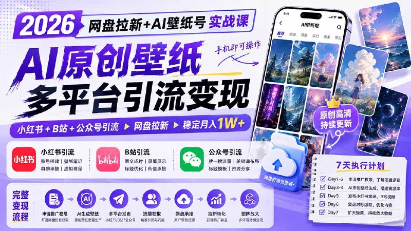 📌 #奇技淫巧  | 活动线报 · 返佣平台✍️ 《2026网盘拉新+AI壁纸号实战课 AI原创壁纸+小红书+B站+公众号引流 手机即可操作 月入1W+》📖 项目介绍