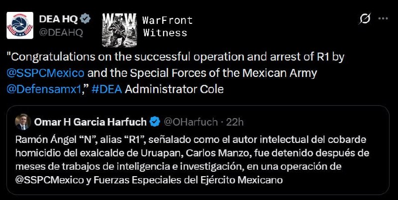️🇲🇽🇺🇸 ה-DEA בירך את הכוחות המיוחדים של מקסיקו SSPC והצבא על המבצע שהוביל ללכידת רמון אנגל "R1" באטוטוני…