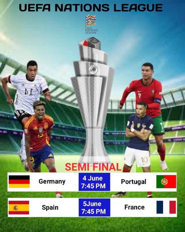 2024/25 UEFA Nations League ဖိုင်နယ်ပွဲစဉ်များသည် ဇွန်လ ၄ ရက်မှ ၈ ရက်အထိ ဂျာမနီနိုင်ငံတွင် ကျင်းပမည်ဖြစ်သည်။ ဤဖိုင်နယ်ပြိုင်ပွဲတွင် အသင်း ၄ သင်း ပါဝင်ယှဉ်ပြိုင်မည်ဖြစ်ပြီး ၎င်းတို့မှာ ဂျာမနီ၊ ပေါ်တူဂီ၊ စပိန်နှင့် ပြင်သစ်တို့ ဖြစ်ကြသည်။ ဤအသင်းများသည် မတ်လ ၂၀ ရက်နှင့် ၂၃ ရက်က ကျင်းပခဲ့သော ကွာတားဖိုင်နယ်ပွဲများမှ အနိုင်ရရှိခဲ့သော အသင်းများဖြစ်သည်။ဖိုင်နယ်ပွဲစဉ်များဆီမီးဖိုင်နယ် ၁: ဂျာမနီ vs ပေါ်တူဂီရက်စွဲ: ဇွန်လ ၄ ရက်နေရာ: မြူးနစ် (Munich Football Arena)အချိန်: ဥရောပအလယ်ပိုင်းအချိန် ၂၀:၄၅ (CET)ဆီမီးဖိုင်နယ် ၂: စပိန် vs ပြင်သစ်ရက်စွဲ: ဇွန်လ ၅ ရက်နေရာ: စတုဂတ် (Stuttgart Arena)အချိန်: ဥရောပအလယ်ပိုင်းအချိန် ၂၀:၄၅ (CET)တတိယနေရာအတွက်ပွဲ: ဆီမီးဖိုင်နယ်မှ ရှုံးထွက်အသင်း ၂ သင်းရက်စွဲ: ဇွန်လ ၈ ရက်နေရာ: စတုဂတ် (Stuttgart Arena)အချိန်: ဥရောပအလယ်ပိုင်းအချိန် ၁၅:၀၀ (CET)ဖိုင်နယ်: ဆီမီးဖိုင်နယ်မှ အနိုင်ရအသင်း ၂ သင်းရက်စွဲ: ဇွန်လ ၈ ရက်နေရာ: မြူးနစ် (Munich Football Arena)အချိန်: ဥရောပအလယ်ပိုင်းအချိန် ၂၀:၄၅ (CET)ဤပြိုင်ပွဲကို ဂျာမနီတွင် ကျင်းပရခြင်းမှာ ဂျာမနီနှင့် အီတလီတို့၏ ကွာတားဖိုင်နယ်ပွဲတွင် ဂျာမနီ အနိုင်ရခဲ့ပြီး UEFA အမှုဆောင်ကော်မတီက အိမ်ရှင်အဖြစ် သတ်မှတ်ပေးခဲ့ခြင်းကြောင့် ဖြစ်သည်။ စပိန်သည် လက်ရှိချန်ပီယံဖြစ်ပြီး ၂၀၂၃ ဖိုင်နယ်တွင် ခရိုအေးရှားကို အနိုင်ရခဲ့သည်။ ဤဖိုင်နယ်သည် UEFA Nations League ၏ စတုတ္ထအကြိမ်မြောက် ပြိုင်ပွဲဖြစ်ပြီး ဥရောပ၏ ထိပ်တန်းအသင်းများအကြား စိတ်လှုပ်ရှားဖွယ် ယှဉ်ပြိုင်မှုတစ်ခု ဖြစ်လာမည်မှာ သေချာပါသည်။#NationsLeague #UEFA #ဖိုင်နယ် #ဂျာမနီ #ပေါ်တူဂီ #စပိန် #ပြင်သစ်