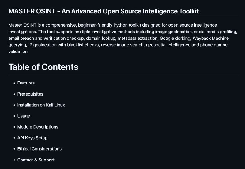 🍭 #OSINT工具 #信息收集🏵 Master-OSINT-Toolkit - Python开源情报工具🍥 简介