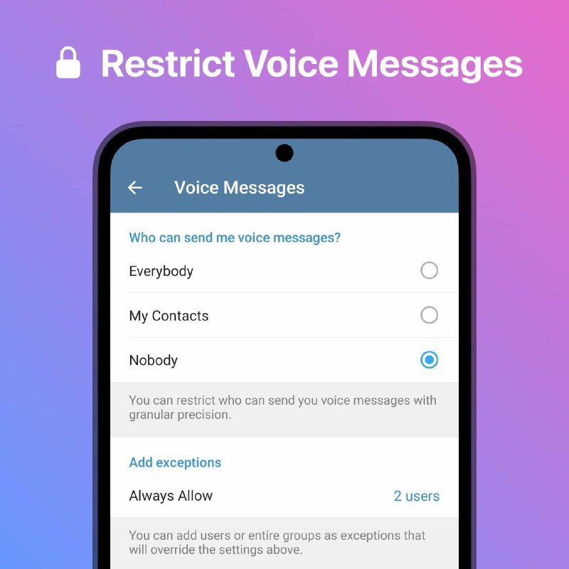 Premium users have a new privacy setting to control who is able to send them voice and video messages 🤐August Features:1 • 2 • 3 • 4 • More