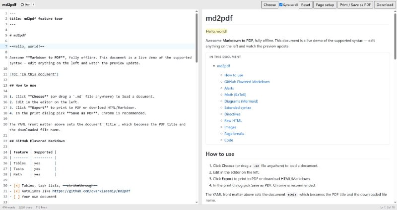 🍭 #Markdown #文档转换 #效率工具🏵 md2pdf - 浏览器端Markdown转PDF工具🍥 简介