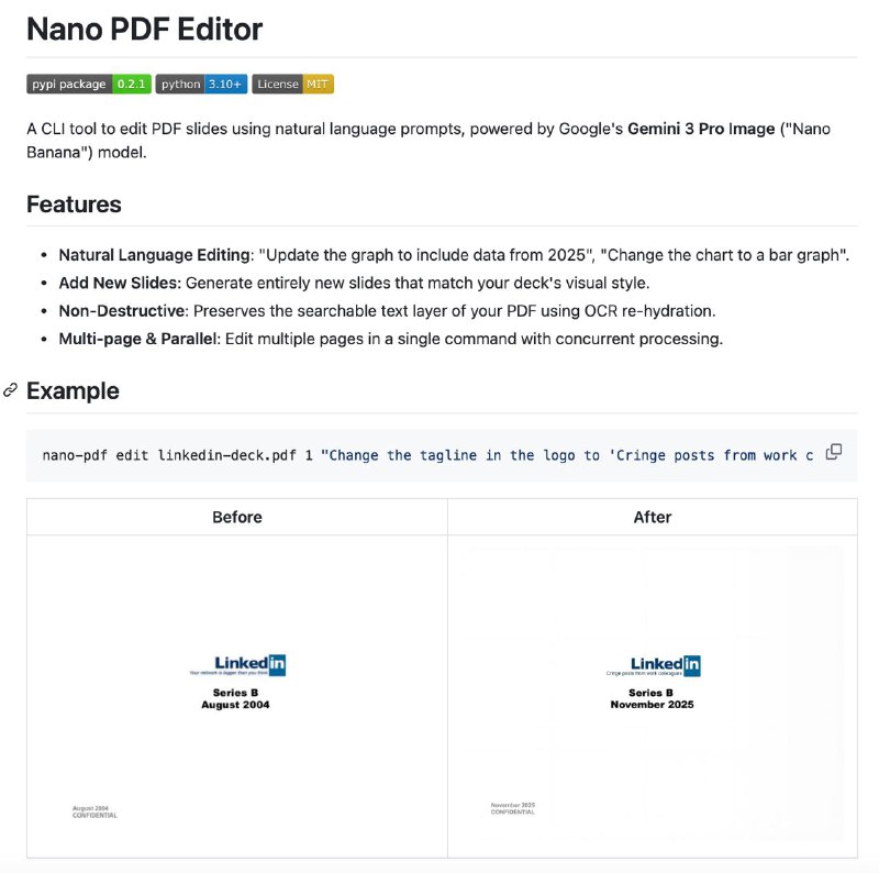 🍭 #命令行工具 #PDF编辑 #AI工具🏵 Nano PDF - 智能PDF编辑工具🍥 简介