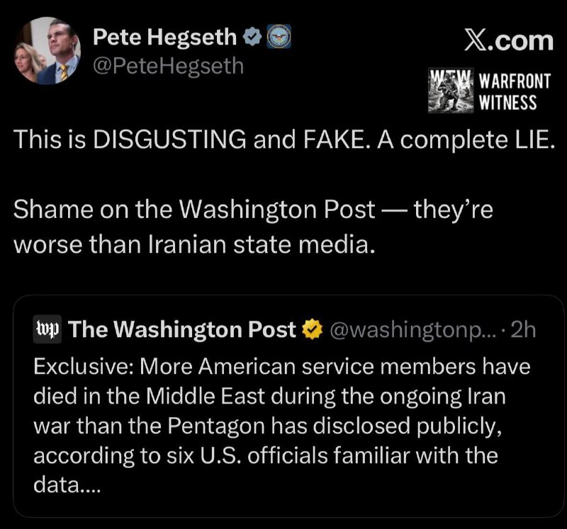 ️🇺🇸🇮🇷 The US Secretary of War rudely rejected the article in the Washington Post, describing it as a disgusting lie.