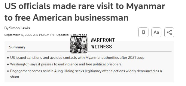 ️🇺🇸🇲🇲 Reuters: A delegation of US officials traveled to Myanmar this week and met with the military-backed government to secure the release of detained US citizen and former Marine Adam Castillo, marking the most significant US involvement in Myanmar since the 2021 coup.