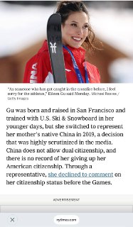 谷爱凌拒绝回答她是哪国国籍。中国运动员不敢说自己是中国国籍？