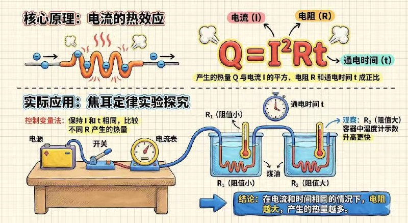 提示词主题：电流的热效应风格：手绘笔记本风格，结合3D卡通+黏土风元素，色彩明快，视觉层次分明，适合中学生学习理解排版：分为上下两个演示模块，顶部是核心原理，底部是实际应用，文字标注清晰，重点公式和关键词用醒目的颜色和字体突出配色：米黄色网格纸张底色，红色、蓝色、黄色、黑色（标题、标注）为主色调，对比鲜明元素：包含对应的实验器材或原理中需要的卡通化绘图