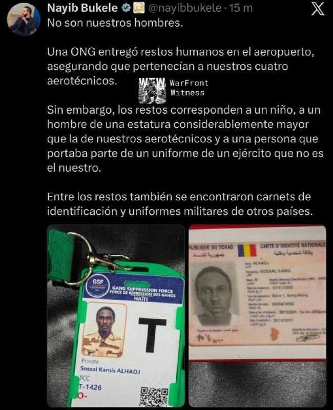 ️🇸🇻🇭🇹 נשיא סלבדור, נאיב בוקלה, הגיב ב-X לאחר מסירת שרידים בהאיטי, ואמר שהם אינם אלה של טכנאי התעופה הנע…