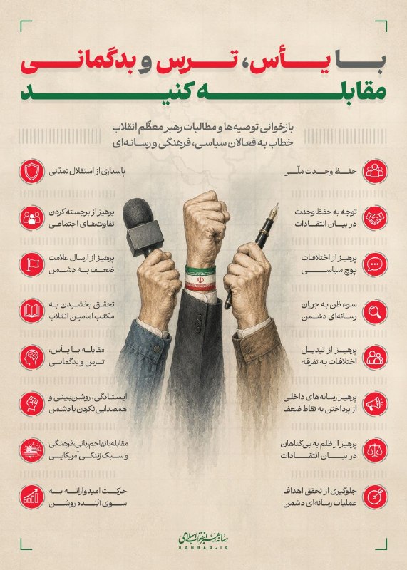 🌷قرآن-احادیث-زندگی🌷: 📊 با یأس، ترس و بدگمانی مقابله کنید🗒 بازخوانی توصیه‌ها و مطالبات رهبر معظم انقلاب خطاب به فعالان سیاسی، فرهنگی و رسانه‌ا