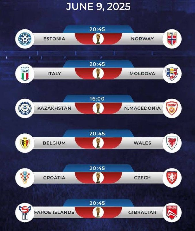 Optus Events 09.06.2025Optus 01: Italy v Moldova 06-09 19:34 GMTOptus 03: Croatia v Czechia 06-09 19:34 GMTOptus 04: Belgium v Wales 06-09 19:34 GMTOptus 05: Estonia v Norway 06-09 19:34 GMTOptus 06: Italy v Moldova 06-09 19:34 GMTOptus 09: Faroe Islands v Gibraltar 06-09 19:34 GMT