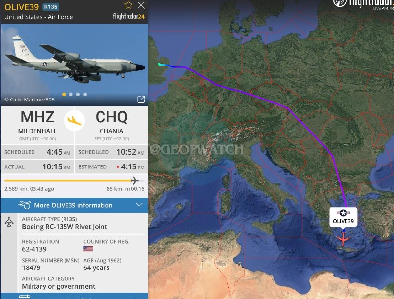 🇺🇸 🇮🇷 - A USAF RC-135W נחת מפרץ NSA סודה בכרתים. @GeoPWatch
