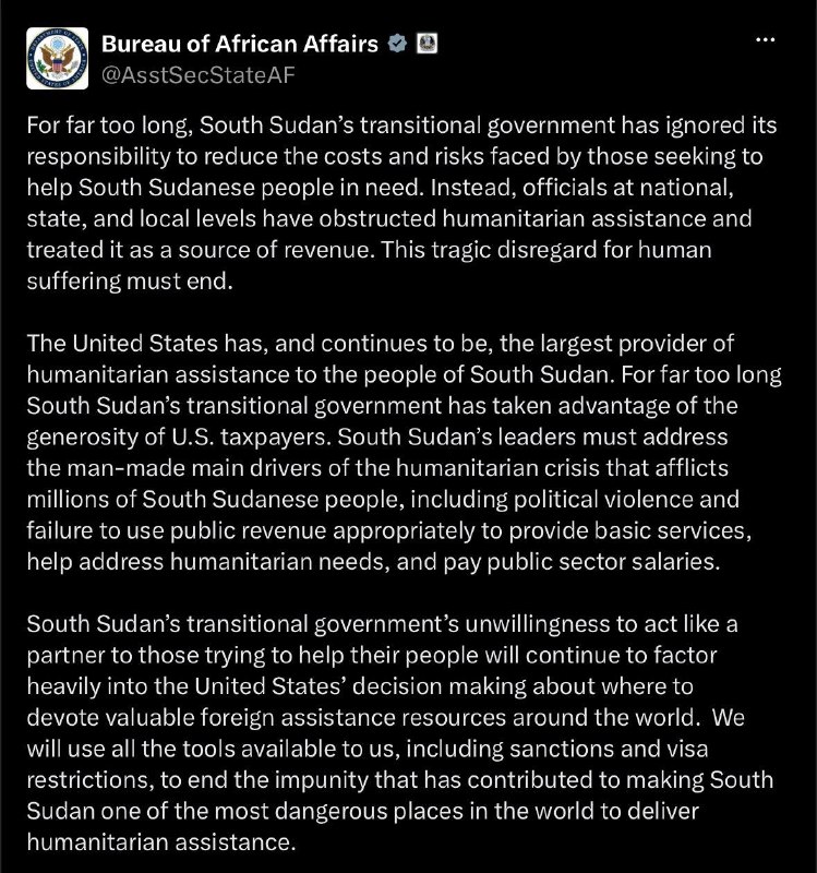️🇺🇸🇸🇸 The US has threatened sanctions and visa restrictions against officials in South Sudan for what it described as blocking humanitarian aid and treating aid operations as a source of government revenue.