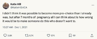 我一直支持堕胎权，而且也觉得我已经支持到不能“再支持”了。但现在我怀孕七个月，我又产生了强烈的新一重的想法：如果一个人根本不愿意，还要经历所有我经历的这些怀孕期间的痛苦，那真的是世界上最糟糕的事情，那真的是太不对了。 source