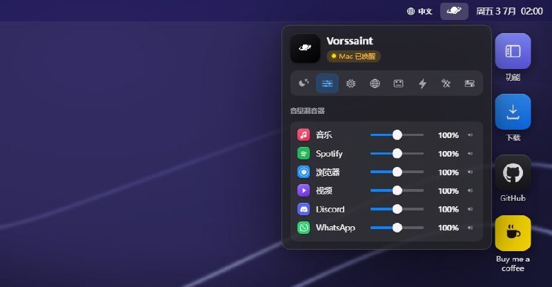 #工具 #菜单栏 #macOS #开源 Vorssaint macOS 菜单栏实用工具箱，将多种常用功能集中到菜单栏，一个工具即可解决多种需求，包括应用独立音量调节、系统资源监控、防休眠、剪贴板历史记录、Alt+Tab 窗口切换增强、窗口布局管理、文件 Shelf、Finder 剪切/粘贴增强、应用卸载、URL 去追踪参数等，大多数功能都可以按需启用或关闭，免费开源