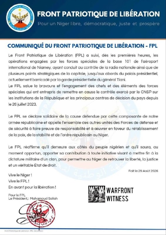 קבוצת המורדים נגד טיאני, Front Patriotique de שחרור (FPL) הכריזה על תמיכה במעצבי ההפיכה וקראה ליחידות ביטחו…