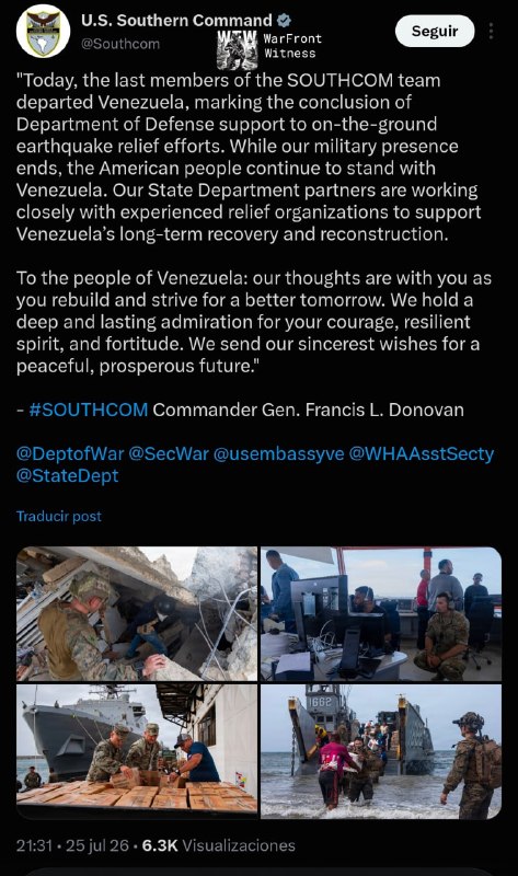️🇺🇸🇻🇪 פיקוד הדרום של ארה"ב הודיע על עזיבתו של אנשיו האחרונים את ונצואלה, ובכך סיים את תמיכת משרד ההגנה…