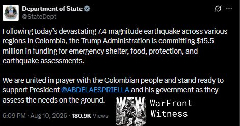 ️🇺🇸🇨🇴 מחלקת המדינה האמריקנית הודיעה שממשל טראמפ יספק &036;15.5 מיליון סיוע חירום לקולומביה בעקבות רעידת…