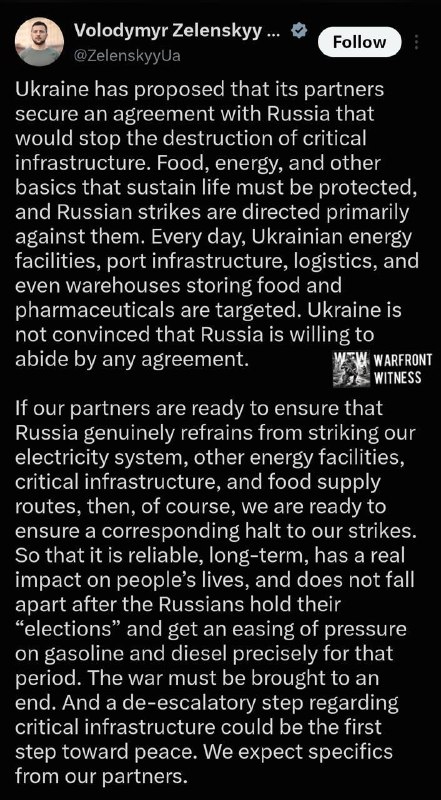 ️🇺🇦🇺🇸🇷🇺 נשיא אוקראינה זלנסקי ספק אם רוסיה תעמוד בהסכם על הפסקת אש הדדית על שביתות תשתיות אנרגיה.