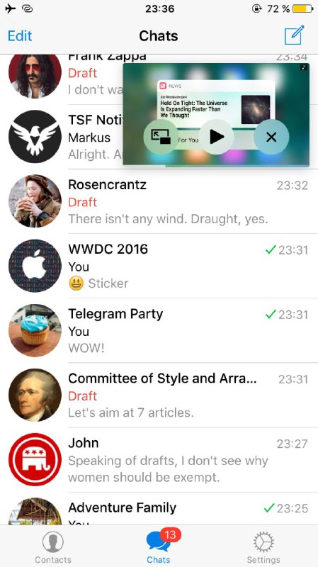 Here's how your chats list will look in Telegram for iOS v.3.10 with a couple of Drafts and a video running in PiP mode.