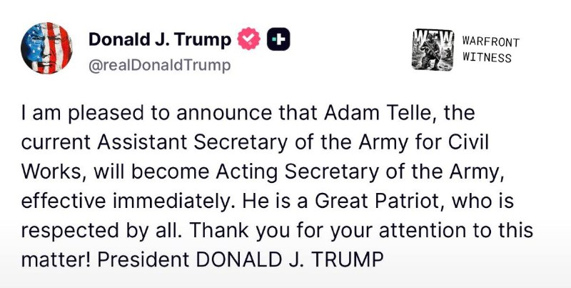 ️🇺🇸 ארה"ב הנשיא טראמפ הודיע שמזכירת הסיוע של הצבא טל הפכה למזכירת הצבא בפועל.