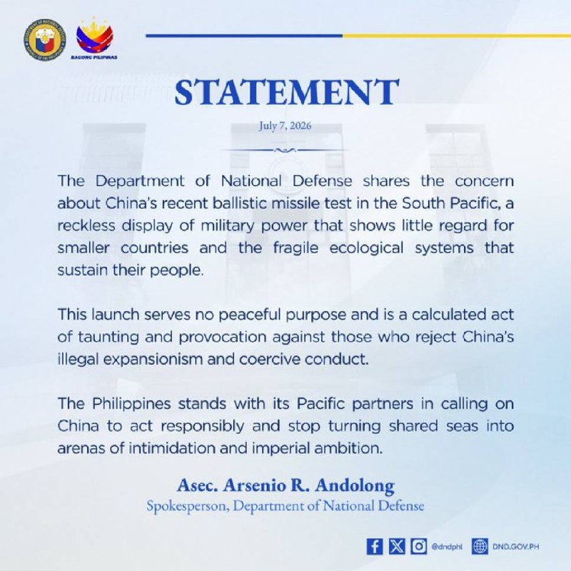 ️🇵🇭🇨🇳 הפיליפינים גינו את ניסוי הטילים הבליסטיים האחרון של סין בדרום האוקיינוס השקט, כינו אותו מופע פזיז…