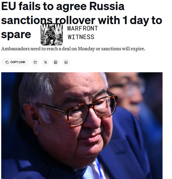 ️🇪🇺🇷🇺 POLITICO: EU ambassadors failed to extend one of the bloc's sanctions plans on Russia on Monday, with the ruling regime freezing the assets of some 3,000 people and companies due to expire on Tuesday. The ambassadors are expected to meet later on Monday.