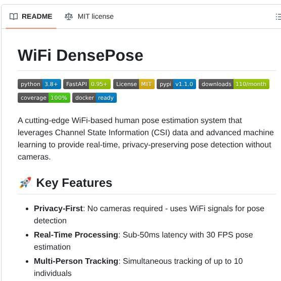 🍭 #姿态识别 #AI #无线传感 #隐私保护🏵 Wifi-densepose - Wi-Fi人体姿态识别🍥 简介