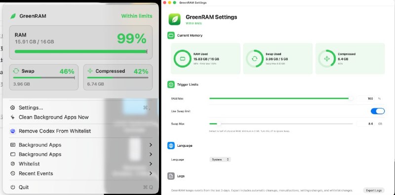 #macOS #清理 #开源 GreenRam macOS 自动内存清理工具，可监测并释放异常占用的内存资源，主要用于缓解内存泄漏导致的系统卡顿问题，支持应用白名单设置，避免误清理重要进程，还支持限制 Swap 文件占用空间，帮助控制磁盘资源消耗，采用自动化运行方式，无需复杂配置，免费开源