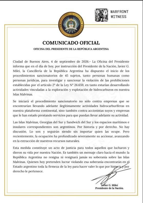 ️🇦🇷🇬🇧נשיא ארגנטינה מיילי הכריז על סנקציות נגד 45 ישויות בגין הפרת סעיף שני של מס' 26,659 בגין חיפוש וחק…